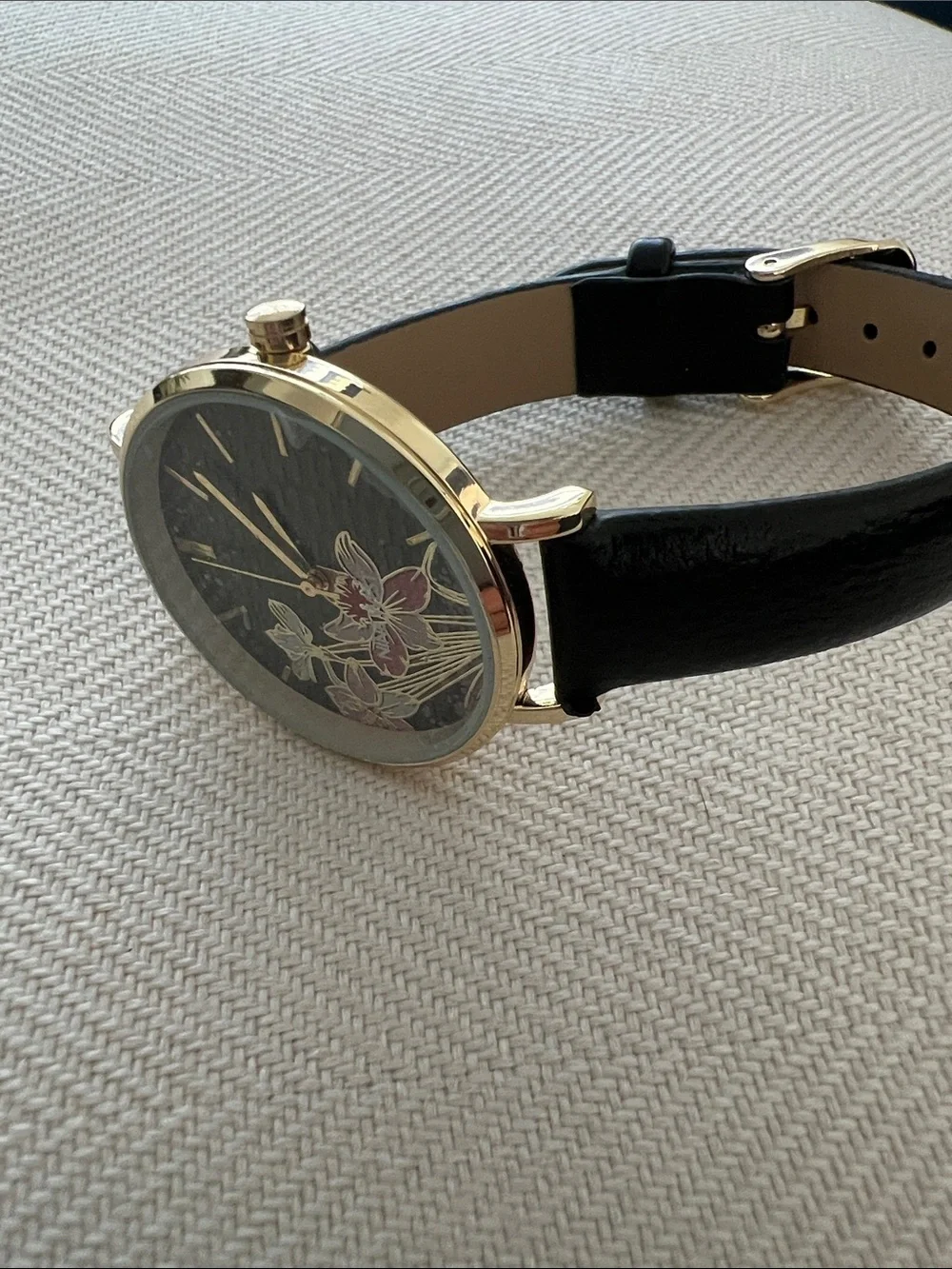 Nine West Women's Floral Dial Gold-Tone Watch with Black Leather Strap